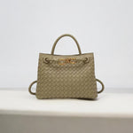Aurora Bags taupe woven leather tote with gold rope detail – elegant neutral handbag