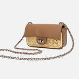 Women's Minimalist Straw Woven Leather Crossbody Bag with Silver Chain Handle
