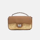 Women's Minimalist Straw Woven Leather Crossbody Bag with Silver Chain Handle