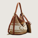 Women's Vintage Woven Wool Bucket Bag with Leather Trim and Matching Pouch