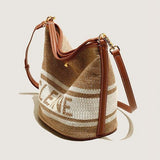 Women's Vintage Woven Wool Bucket Bag with Leather Trim and Matching Pouch