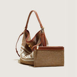 Women's Vintage Woven Wool Bucket Bag with Leather Trim and Matching Pouch