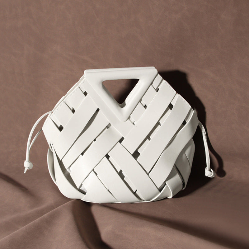 Unique Woven Leather Crossbody Bag – Distinctive Triangle Handle & Bucket Style