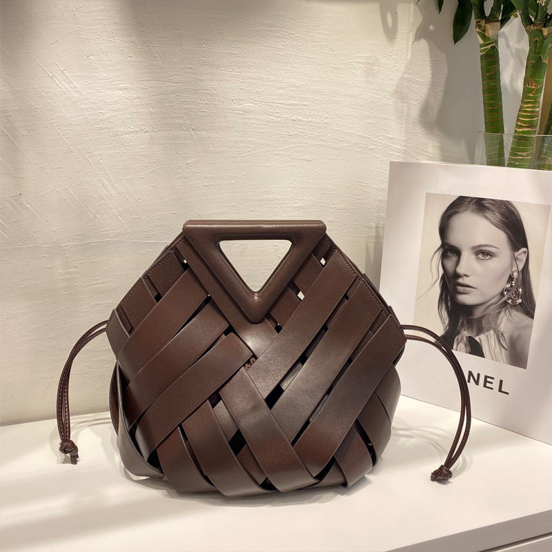 Unique Woven Leather Crossbody Bag – Distinctive Triangle Handle & Bucket Style