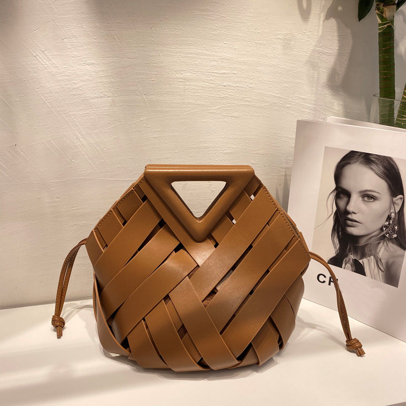 Unique Woven Leather Crossbody Bag – Distinctive Triangle Handle & Bucket Style