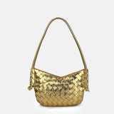Women's Woven Genuine Leather V-Shaped Baguette Bag