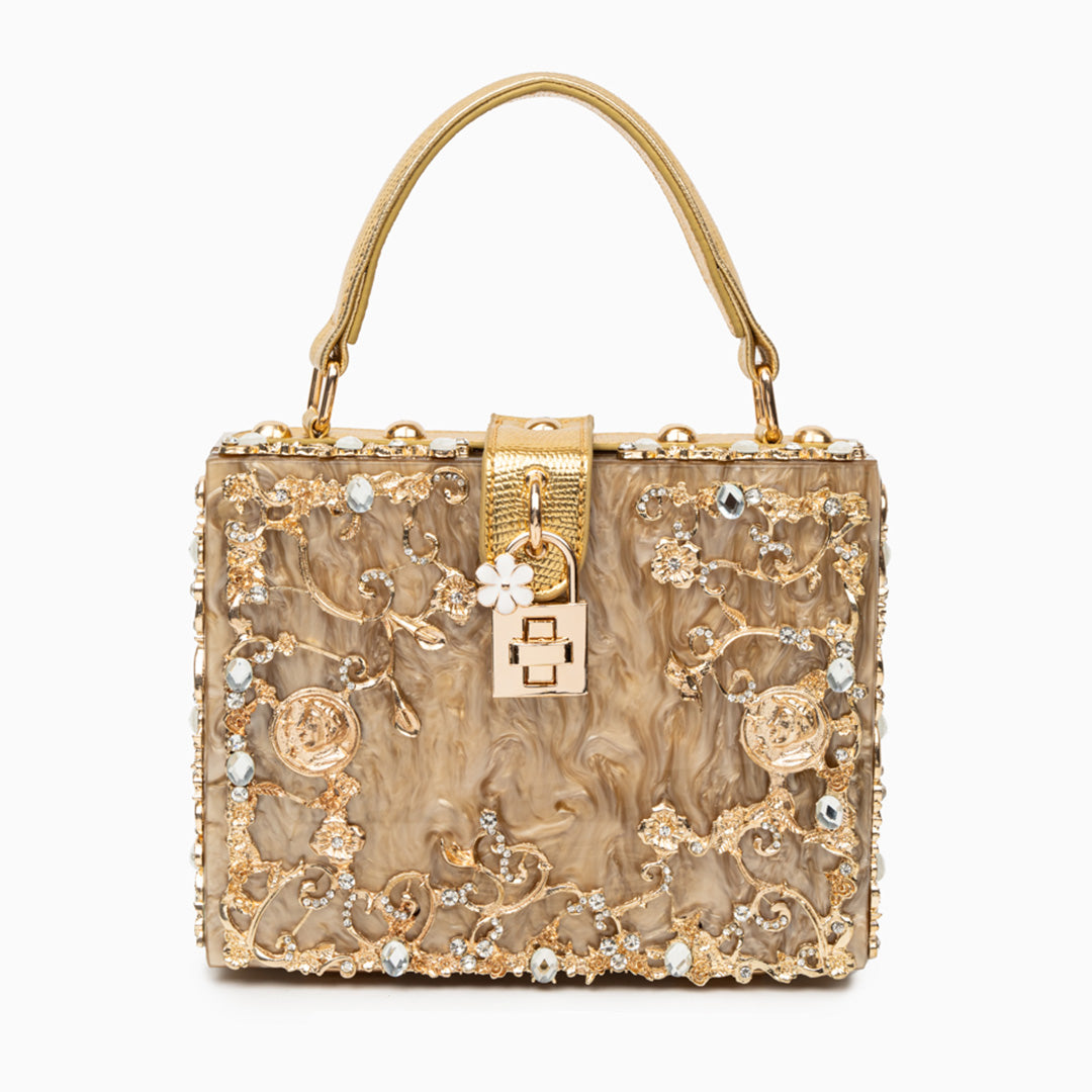 Luxury Gold Embellished Acrylic Evening Clutch Bag – Designer Box Purse for Weddings & Special Occasions