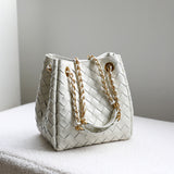 The Chantall | Luxury White Woven Leather Bucket Bag – Elegant & Versatile