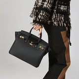 Isla | Classic Black Leather Satchel – Elegant Work Handbag with Gold Lock