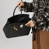 Isla | Classic Black Leather Satchel – Elegant Work Handbag with Gold Lock