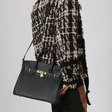 Isla | Classic Black Leather Satchel – Elegant Work Handbag with Gold Lock