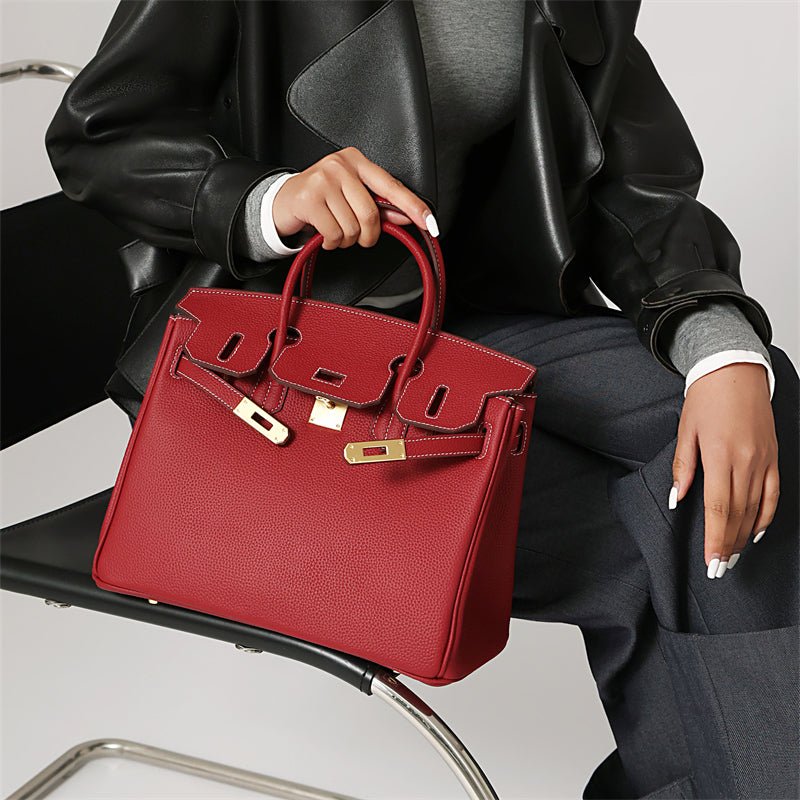 Burgundy Litchi Grain soft Leather Satchel Bag Big Handbags for Work - from Aurora-Bags for sale at Aurora-Bags