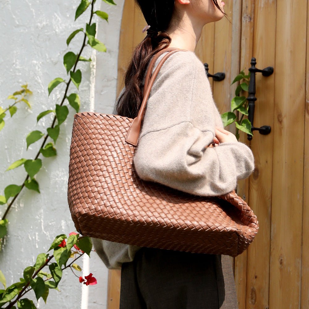 Celine | Luxe Woven Tote Bag – Chic Elegance in Caramel Brown - from Aurora-Bags for sale at Aurora-Bags