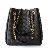 Sorelle | Black Woven Leather Chain Tote – Bold & Elegant