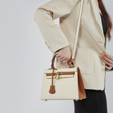 The Kelly |  Leather  Ivory & Tan Top Handle Bag – Classic & Sophisticated