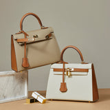 The Kelly |  Leather  Ivory & Tan Top Handle Bag – Classic & Sophisticated