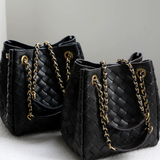 Zerina | Burgundy Woven Leather Chain Tote – Bold & Sophisticated