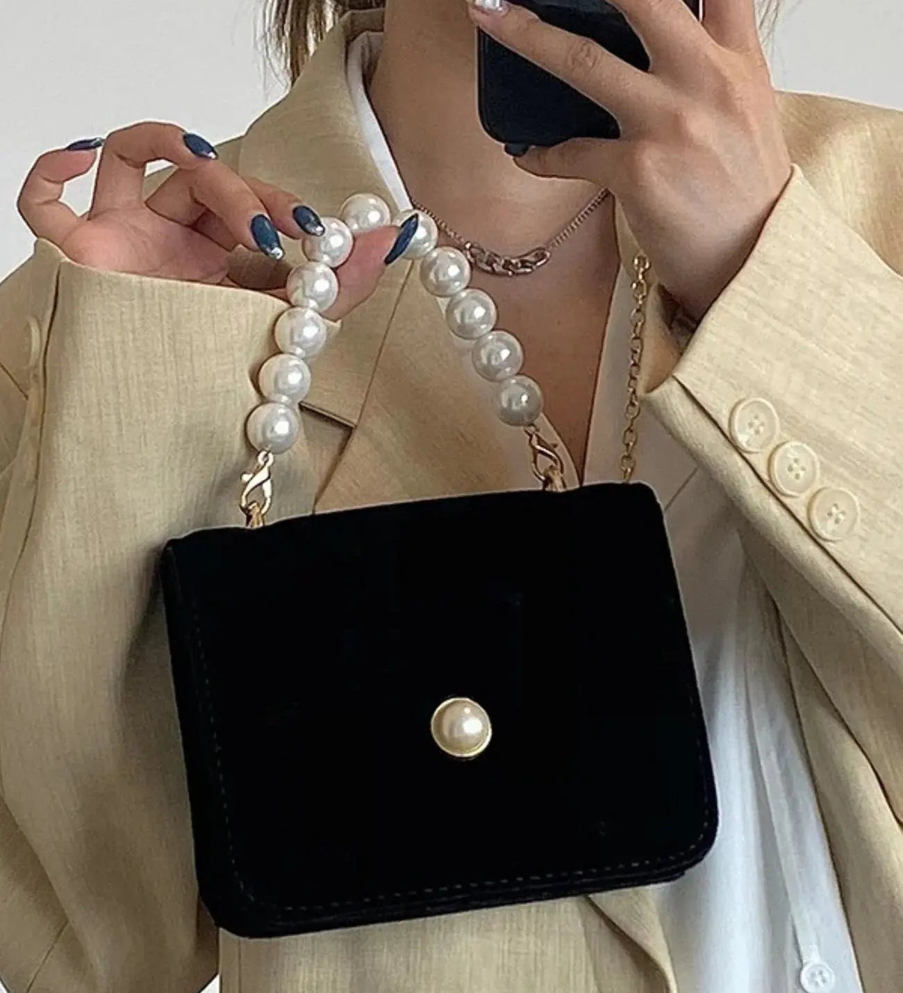 Isabella | Elegant Pearl-Handled Suede Clutch Aurora-Bags