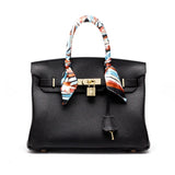 Isla | Classic Black Leather Satchel – Elegant Work Handbag with Gold Lock