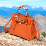 Structured Designer Satchel – Elegant Leather Handbag with Scarf-Wrapped Handles