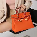 Structured Designer Satchel – Elegant Leather Handbag with Scarf-Wrapped Handles