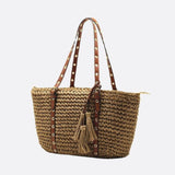 Woven Basket Tote Bag with Tassels – Grommet Strap Shoulder Bag