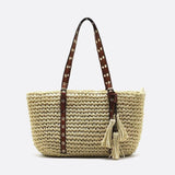 Woven Basket Tote Bag with Tassels – Grommet Strap Shoulder Bag