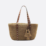 Woven Basket Tote Bag with Tassels – Grommet Strap Shoulder Bag