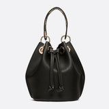 Mini Black Bucket Bag – Drawstring Faux Leather Handbag
