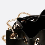 Mini Black Bucket Bag – Drawstring Faux Leather Handbag
