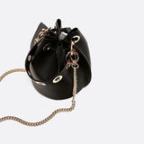 Mini Black Bucket Bag – Drawstring Faux Leather Handbag