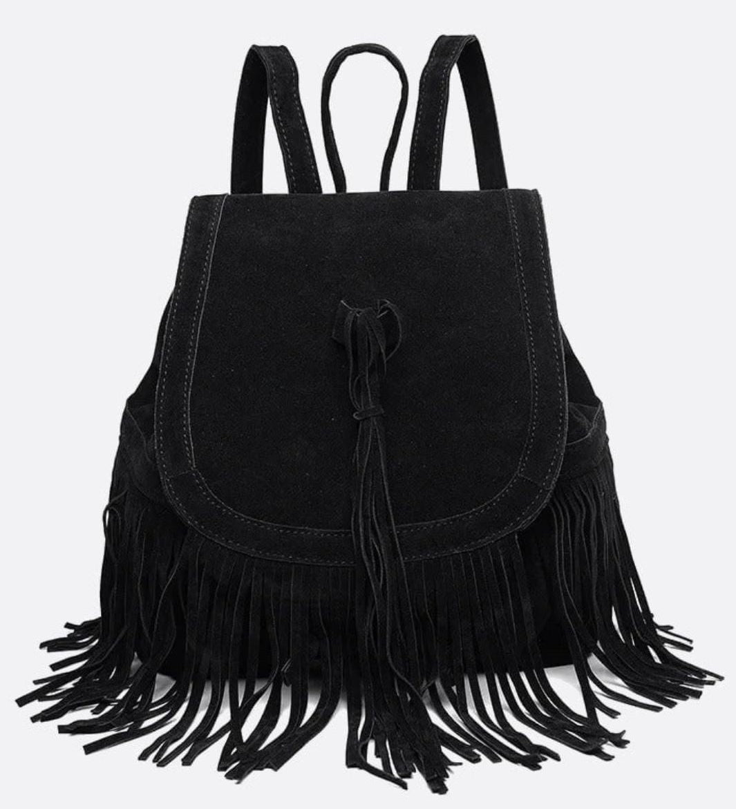 Savannah Fringe Backpack – Suede-Effect Drawstring Rucksack with Boho Tassels