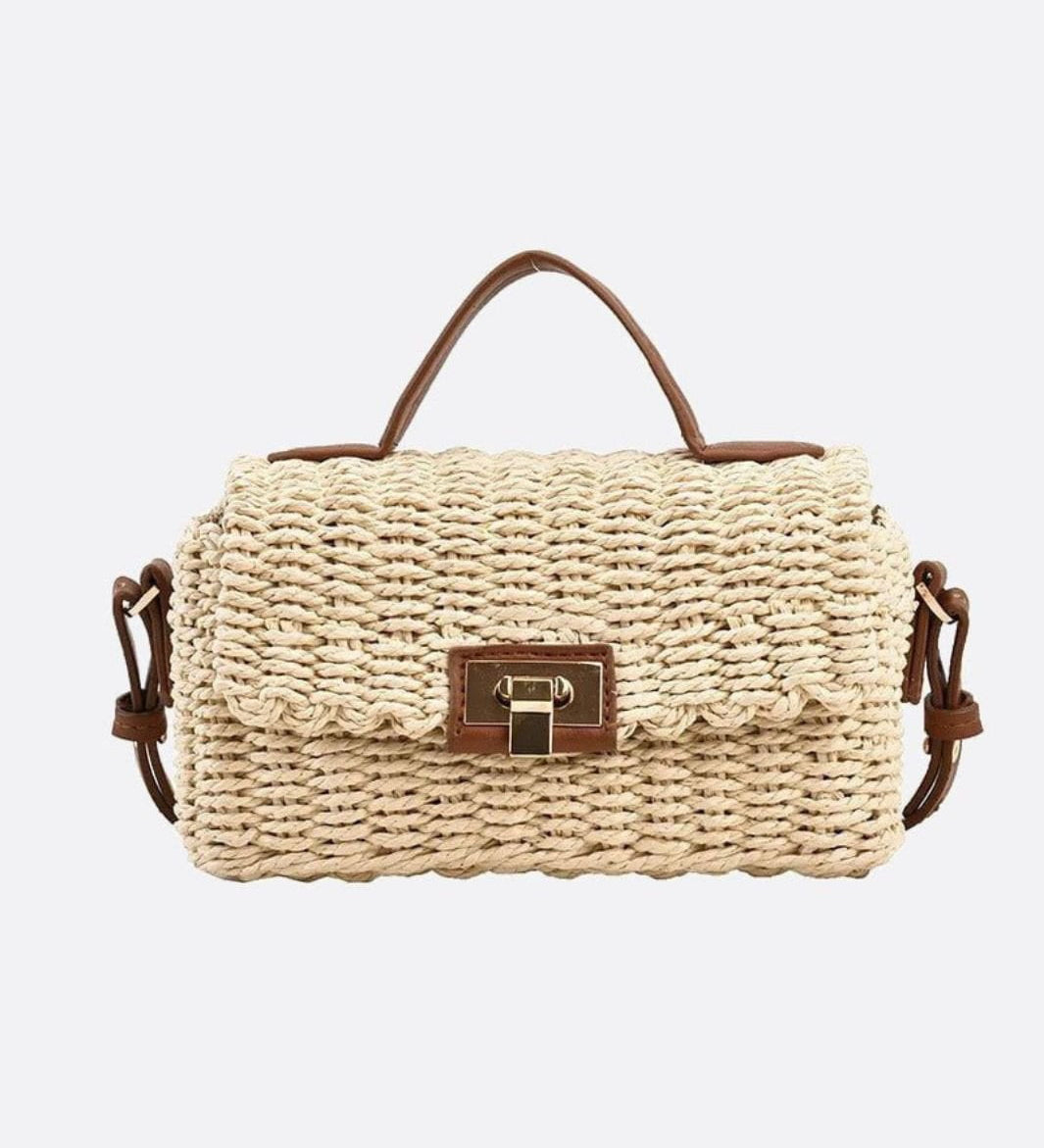 Woven Flap Handbag with Top Handle – Turn-Lock Closure Crossbody