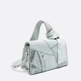 Rebel Denim Patchwork Bag – Jean-Inspired Handbag with Top Handle & Tie Detail