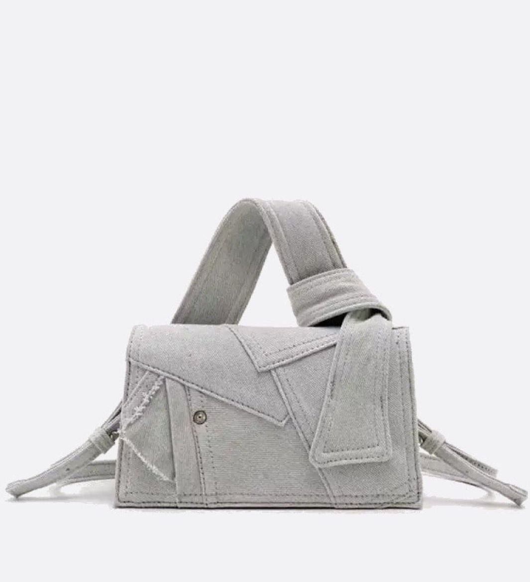 Rebel Denim Patchwork Bag – Jean-Inspired Handbag with Top Handle & Tie Detail