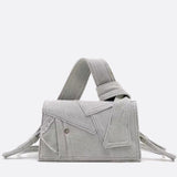 Rebel Denim Patchwork Bag – Jean-Inspired Handbag with Top Handle & Tie Detail