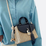 Structured Woven Handbag with Faux Leather Flap – Top Handle & Rope Strap