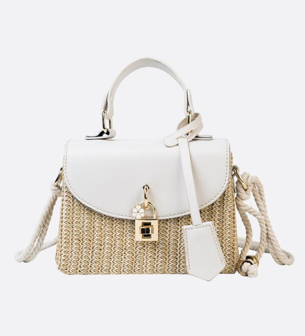 Structured Woven Handbag with Faux Leather Flap – Top Handle & Rope Strap