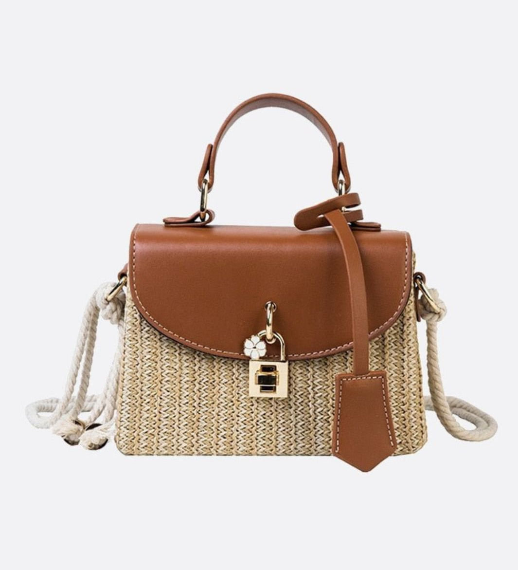 Structured Woven Handbag with Faux Leather Flap – Top Handle & Rope Strap