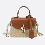 Structured Woven Handbag with Faux Leather Flap – Top Handle & Rope Strap