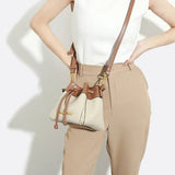 Beige & Brown Drawstring Bucket Bag – Two-Tone Faux Leather Handbag