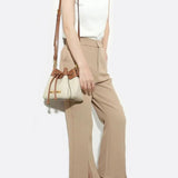Beige & Brown Drawstring Bucket Bag – Two-Tone Faux Leather Handbag