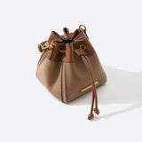 Beige & Brown Drawstring Bucket Bag – Two-Tone Faux Leather Handbag