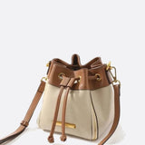 Beige & Brown Drawstring Bucket Bag – Two-Tone Faux Leather Handbag
