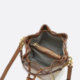 Beige & Brown Drawstring Bucket Bag – Two-Tone Faux Leather Handbag