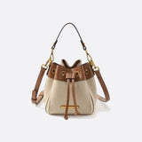 Beige & Brown Drawstring Bucket Bag – Two-Tone Faux Leather Handbag