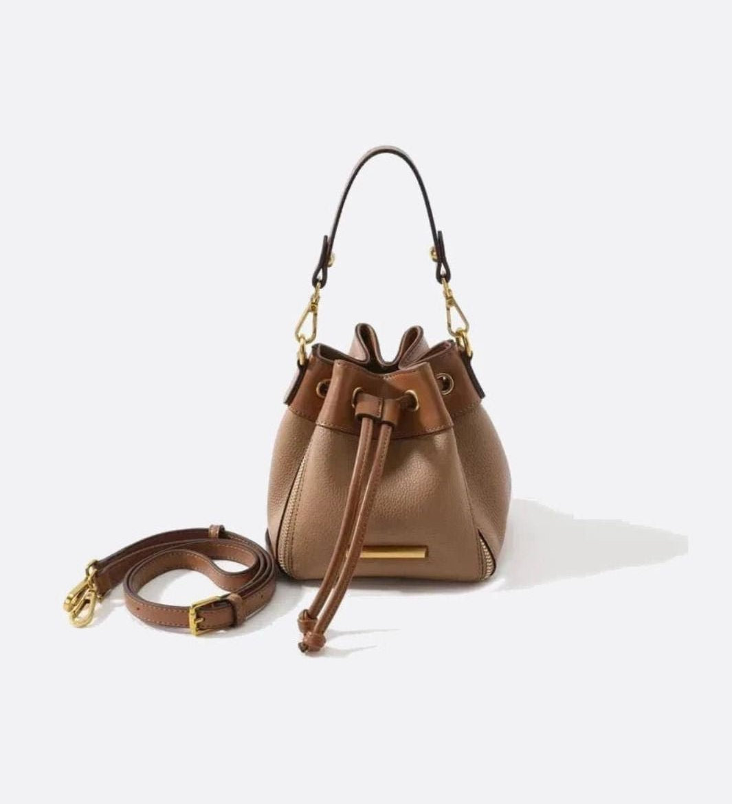 Beige & Brown Drawstring Bucket Bag – Two-Tone Faux Leather Handbag