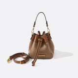 Beige & Brown Drawstring Bucket Bag – Two-Tone Faux Leather Handbag