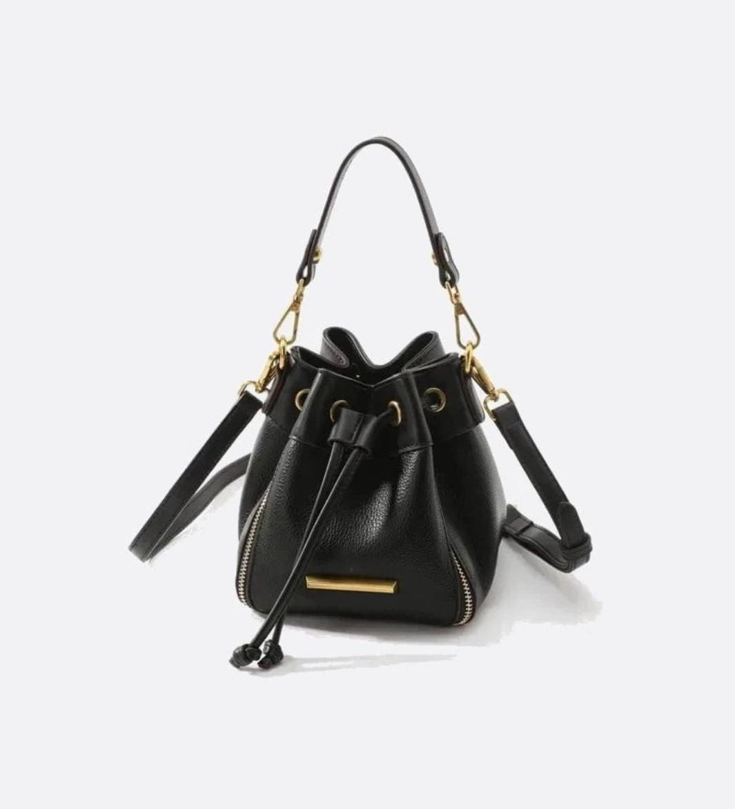 Beige & Brown Drawstring Bucket Bag – Two-Tone Faux Leather Handbag