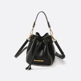 Beige & Brown Drawstring Bucket Bag – Two-Tone Faux Leather Handbag
